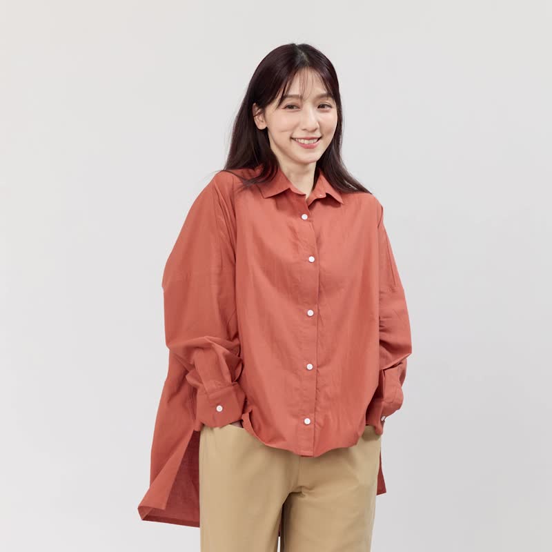 Manda寬版開襟純棉上衣長襯衫/ 磚橘 - 女装衬衫 - 棉．麻 红色
