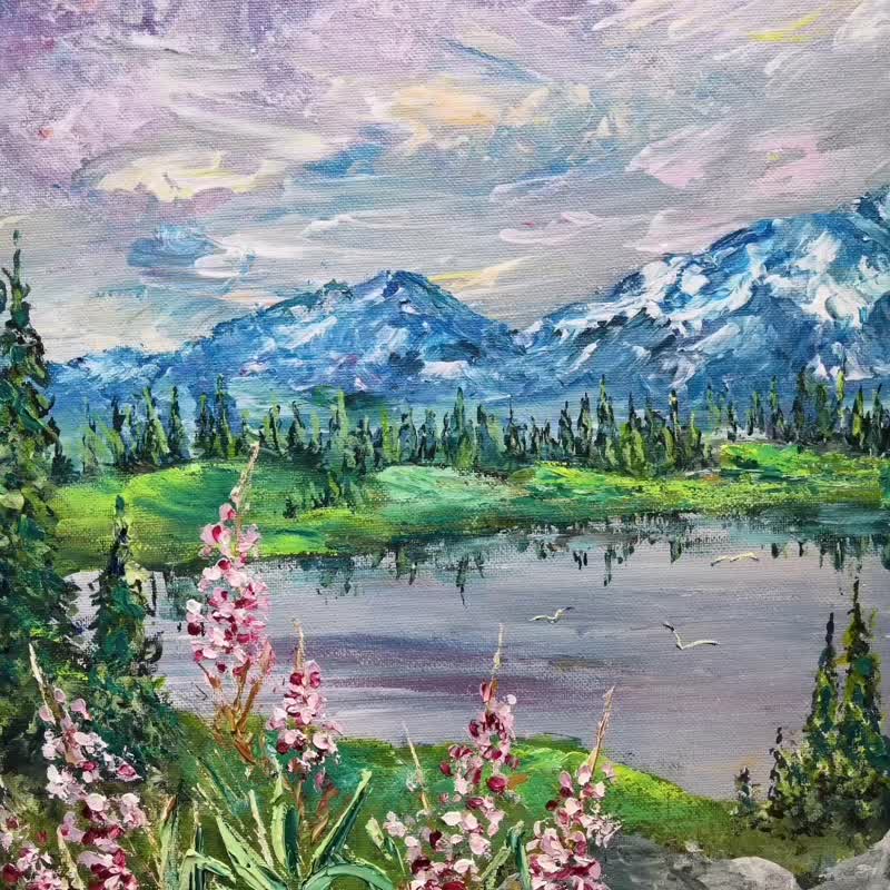 Mountain landscape Original Wall Art Oil Painting on canvas artwork impasto - 墙贴/壁贴 - 其他材质 