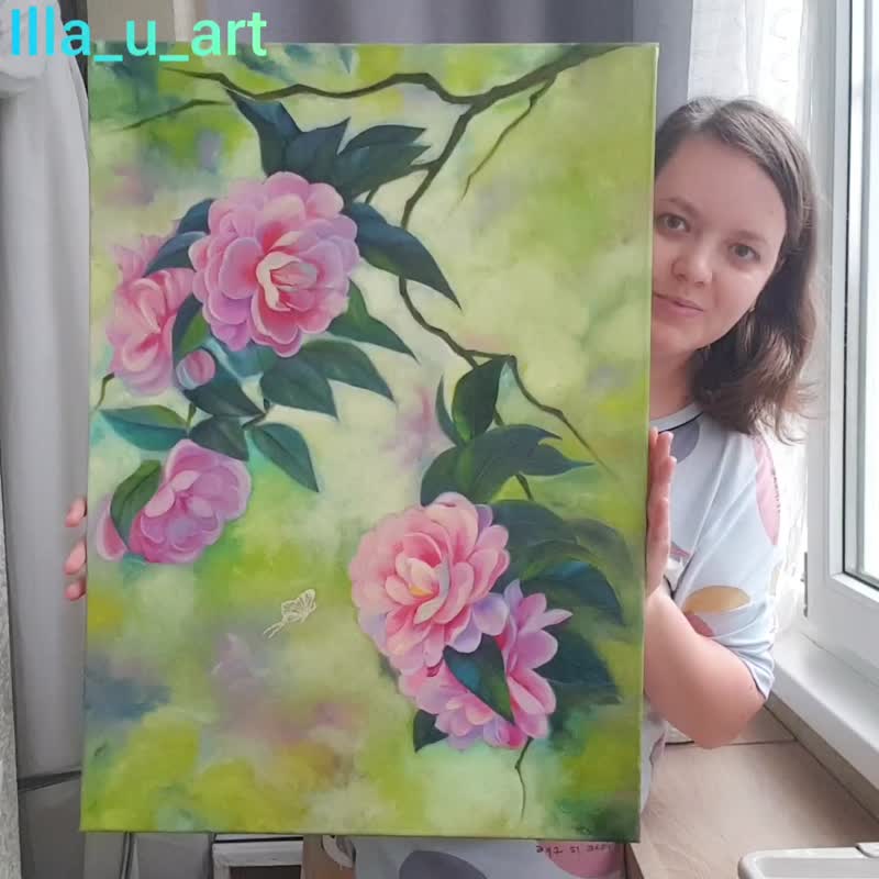 Blossom Camellia Painting Floral Original Art Flower Oil Painting Canvas Art - 海报/装饰画/版画 - 棉 多色