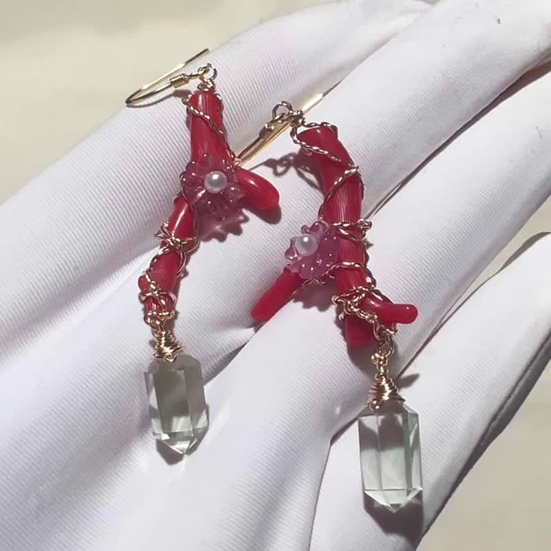 纯手工14K包金绕线碧玺花、绿水晶柱AB款耳环 - 耳环/耳夹 - 宝石 多色