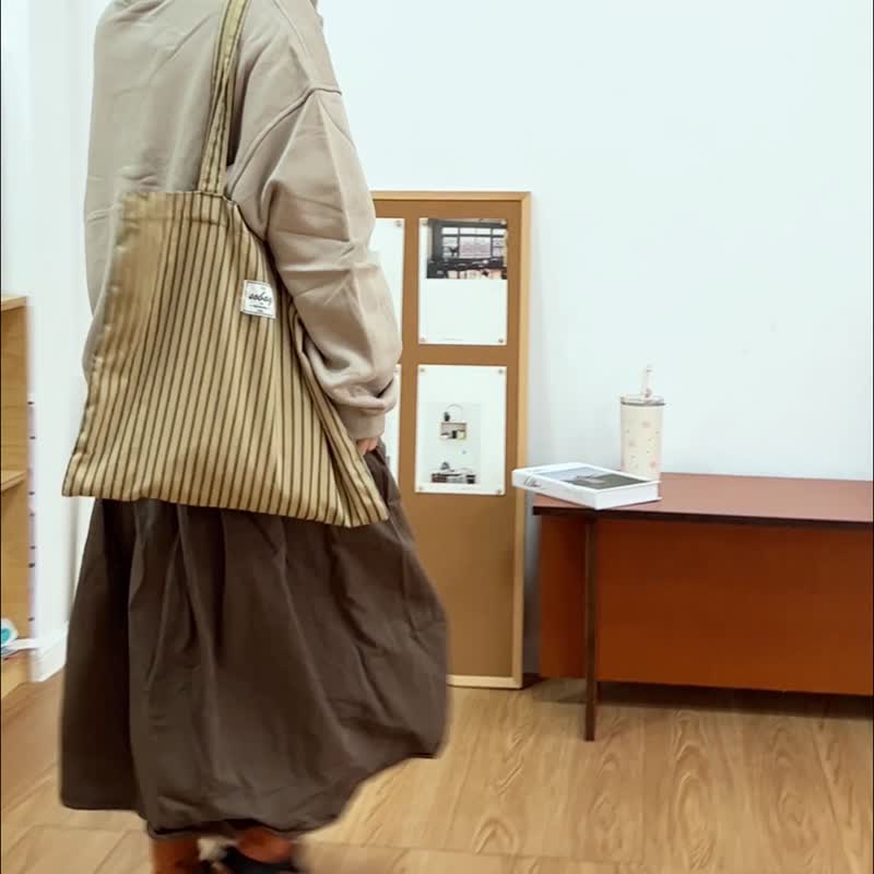 sobag秋冬复古高级感条纹帆布单肩大包女日系文艺轻便休闲环保袋 - 侧背包/斜挎包 - 棉．麻 咖啡色