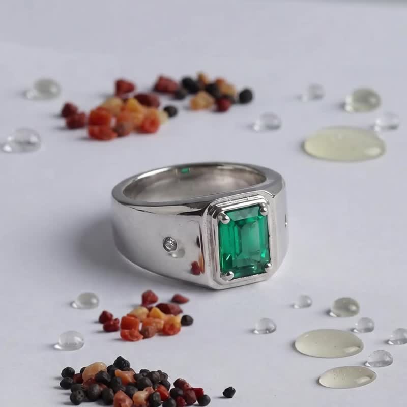 藏锋 哥伦比亚祖母绿男仕 925 银戒 0.86ct 薄油祖母 - 戒指 - 银 