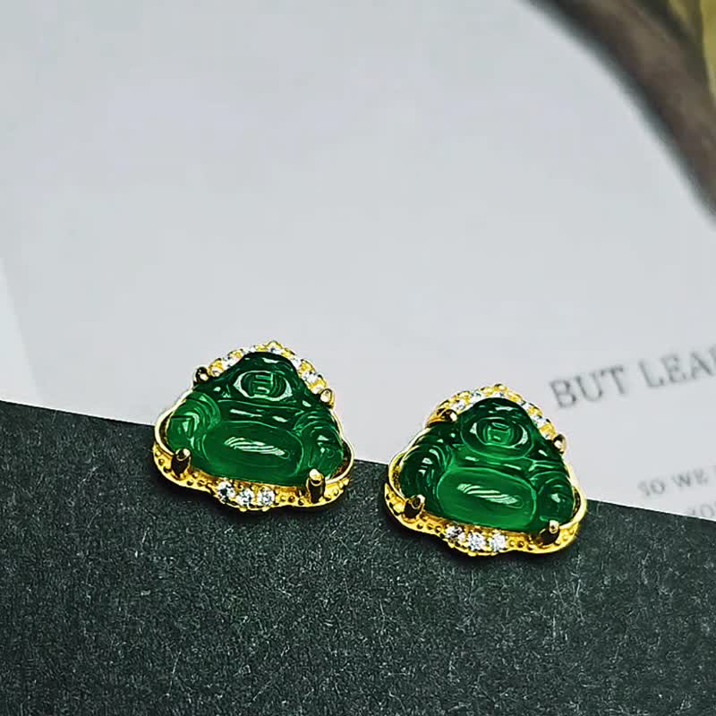 招财|鲜绿佛|a货翡翠老坑冰绿佛公9.5mm纯银镀18k黄精致耳环 - 耳环/耳夹 - 玉石 卡其色