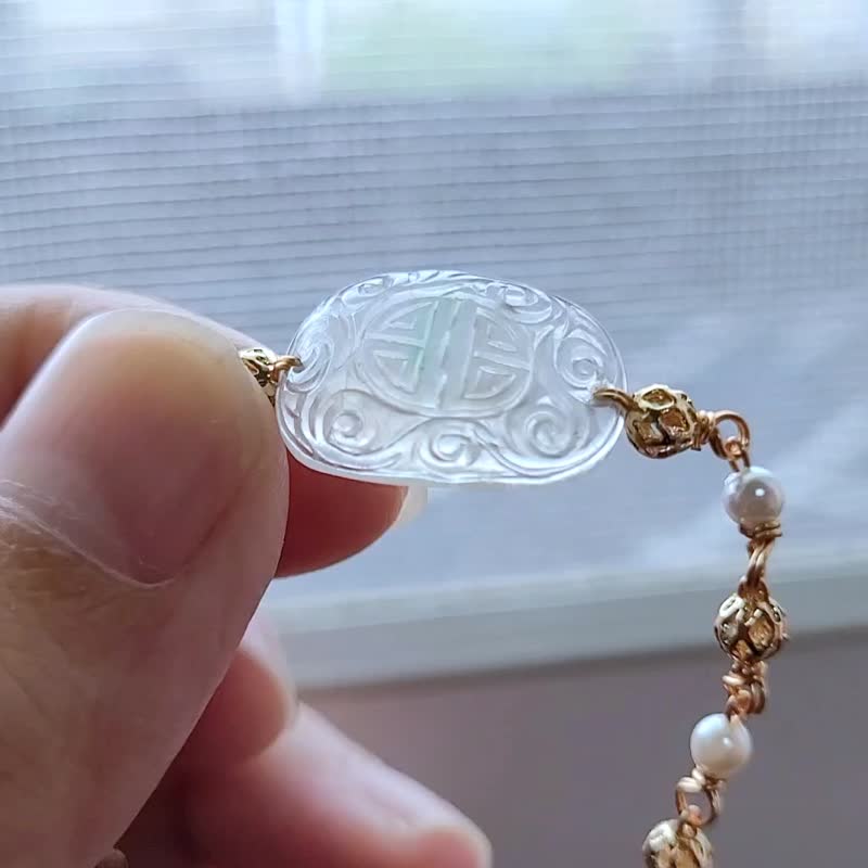 纯翠 天然翡翠 玻璃冰一抹阳绿精工仿古纹14K翡翠设计款手链 - 手链/手环 - 玉石 多色