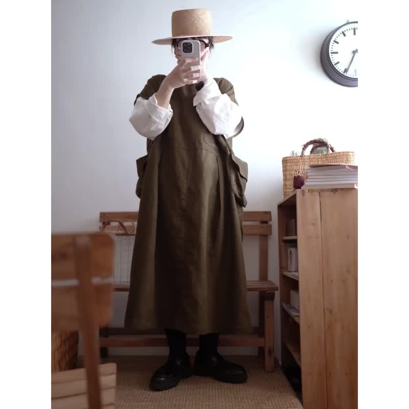深咖绿宽版长洋装背心 - 洋装/连衣裙 - 棉．麻 咖啡色