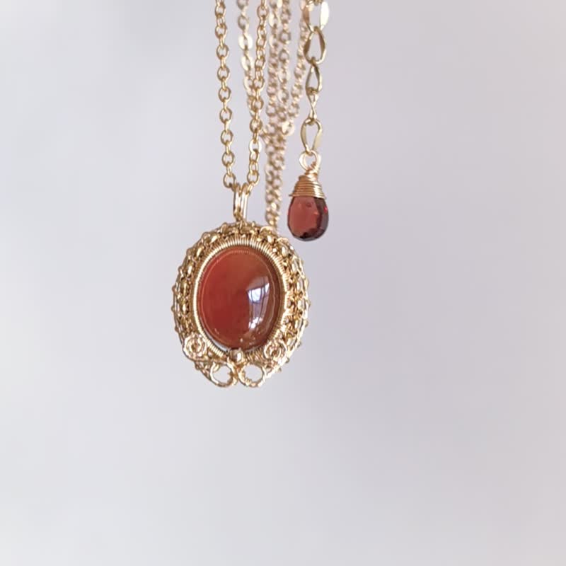 复古石榴石金边项链 14kGF 包金项链 天然石项链 手工制 不褪色 - 项链 - 宝石 金色