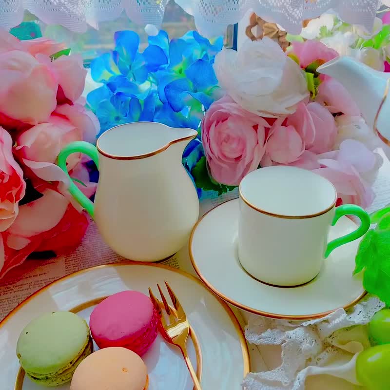 英国制骨瓷 1891年 wedgwood 手绘古董杯 花茶杯 咖啡杯 两件式 - 茶具/茶杯 - 瓷 黄色