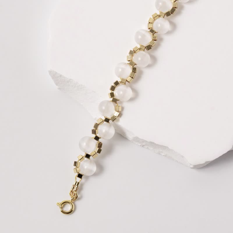 【法式浪漫】纯白之诗 | 猫眼石/14K | 能量水晶/宝石/设计/饰品 - 手链/手环 - 宝石 白色