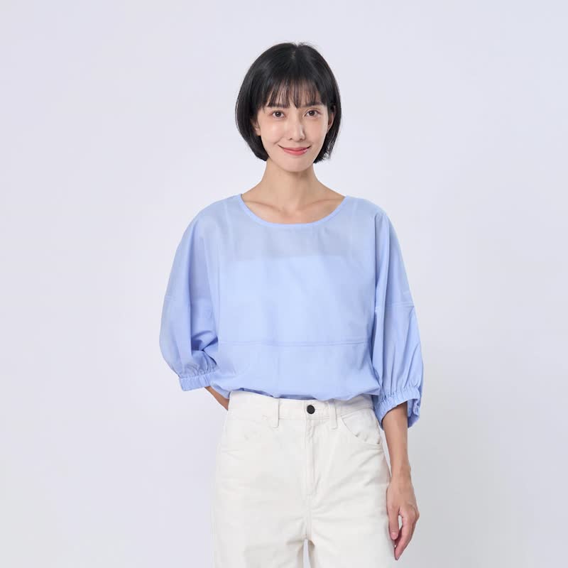 Opie棉質圓剪接寬版上衣/紫藤藍 - 女装衬衫 - 棉 蓝色