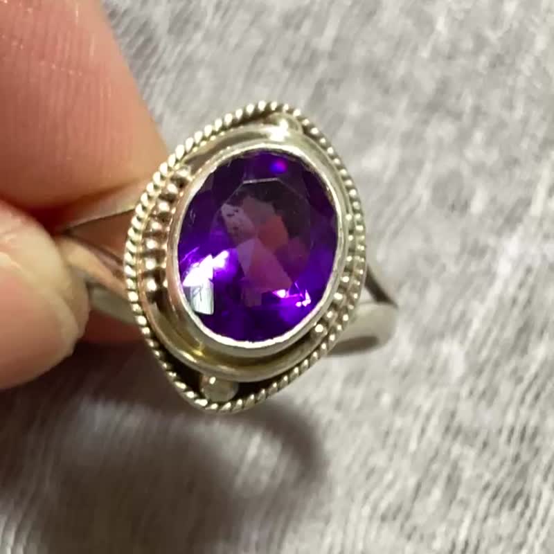 天然 切面紫水晶 戒指 尼泊尔 手工制 925纯银 - 戒指 - 水晶 紫色