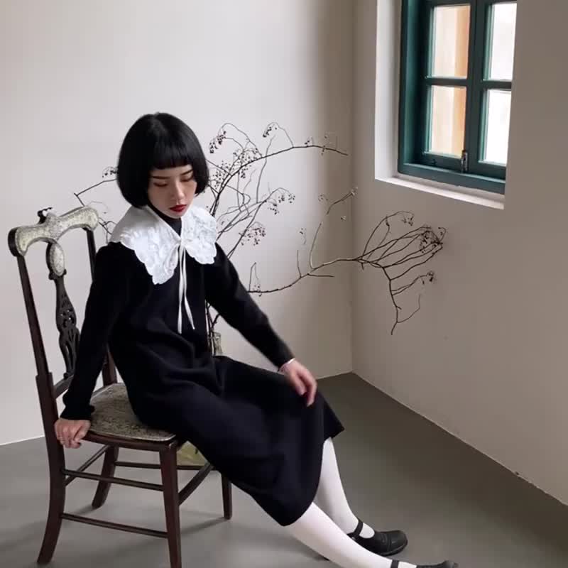 黑色 小高領定紡紗綫針織秋冬長袖洋裝 簡約中長款學院風連身裙 - 洋装/连衣裙 - 棉 黑色