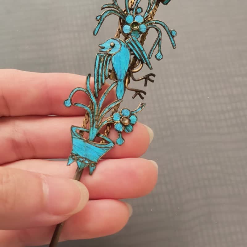 花鸟老鎏金点翠发簪–  纯古董 SA-100 - 发带/发箍 - 其他材质 蓝色