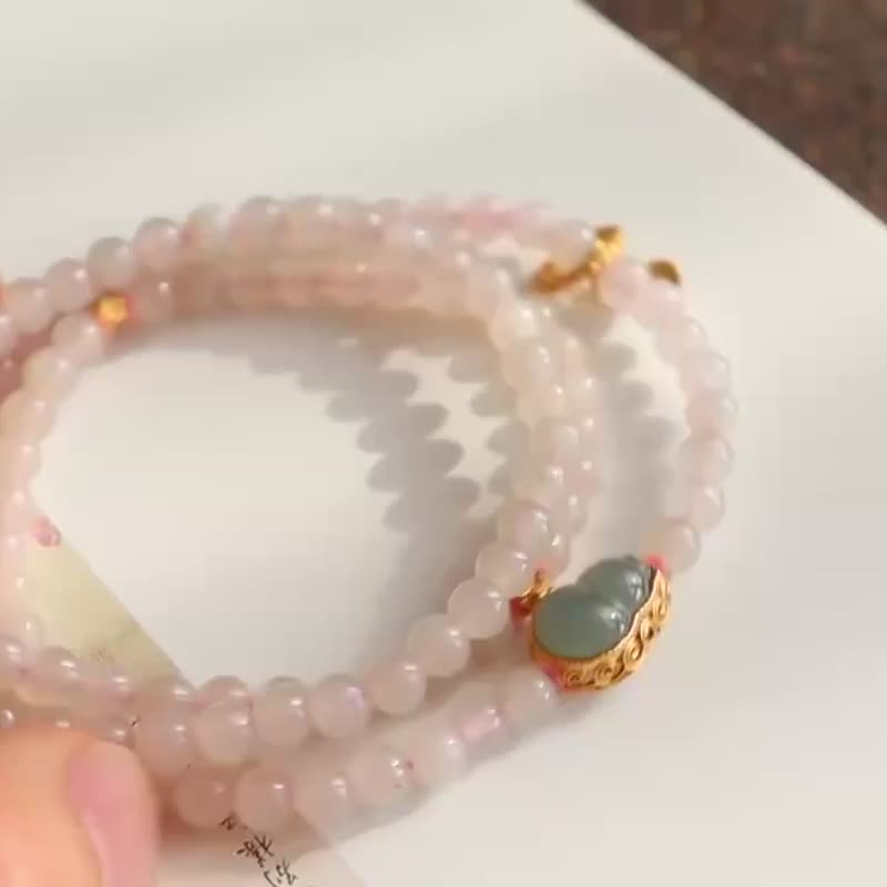 天然藕粉和田玉多圈手链冰底藕粉色搭配银镶翡翠福禄双全节日礼物 - 手链/手环 - 石头 