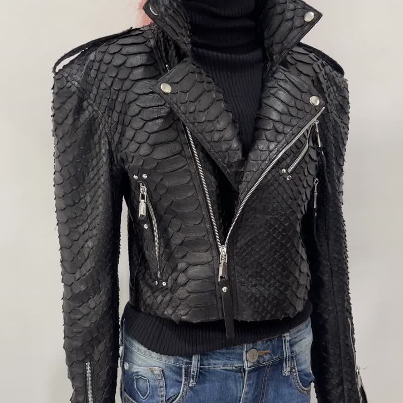 KING PYTHON 皮革骑士夹克 - 女装休闲/机能外套 - 其他材质 黑色