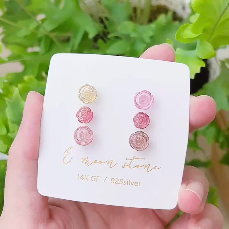 毕业级电气石 玫瑰花碧玺半宝石耳针 纯银 - 耳环/耳夹 - 宝石 粉红色