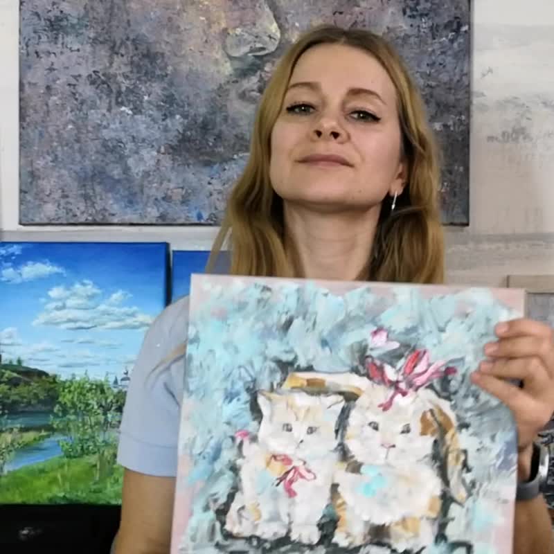 Rabbit Bunny Cat Animal Christmas gift idea Original Oil Painting Wall Art - 墙贴/壁贴 - 其他材质 多色