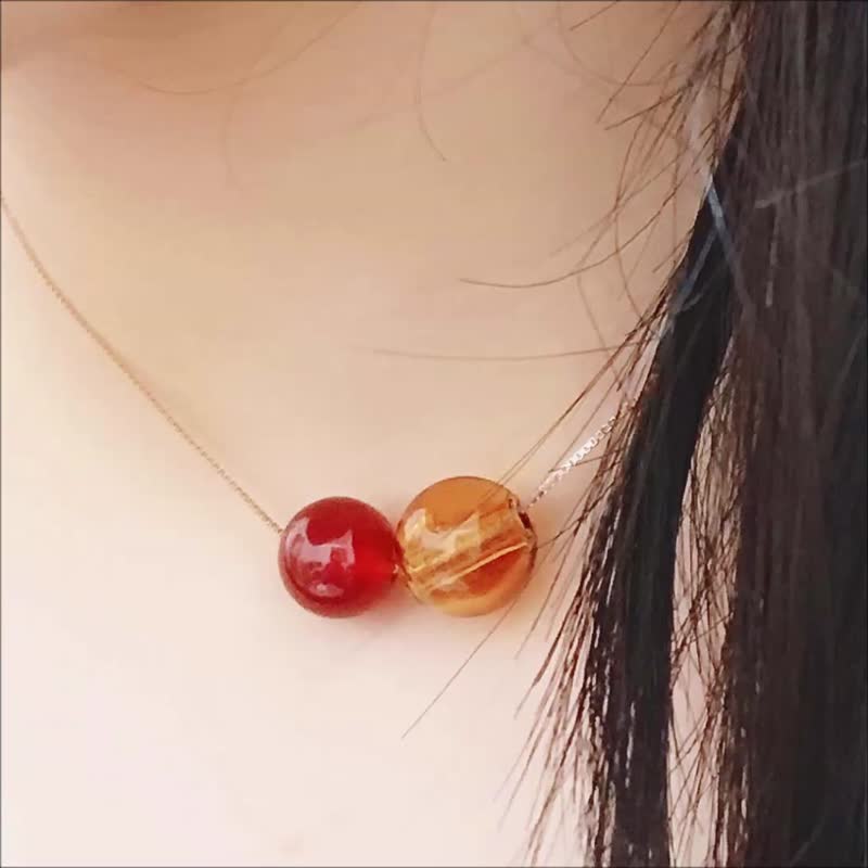 香氛项链 七月诞生石 红玛瑙 x 琉璃珠 纯银镀玫瑰金 可调式锁骨链 - 项链 - 半宝石 红色