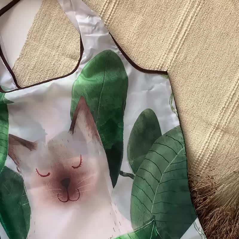 可折叠环保袋 印花 猫 叶子 - 手提包/手提袋 - 棉 绿色