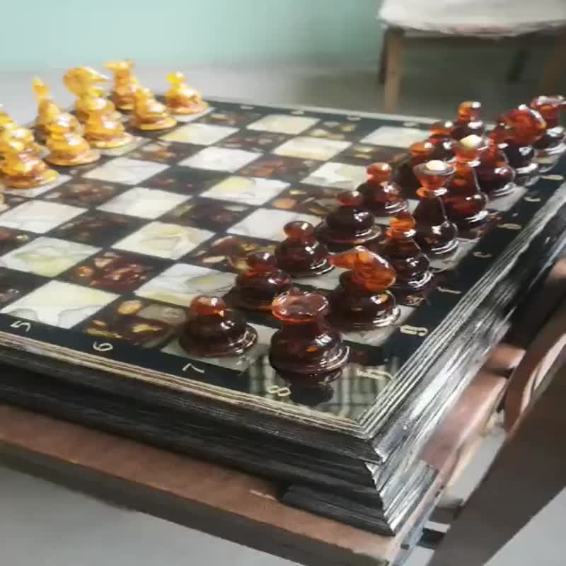 豪华木制琥珀象棋|棋子|木制琥珀棋盘 - 桌游/玩具 - 木头 咖啡色