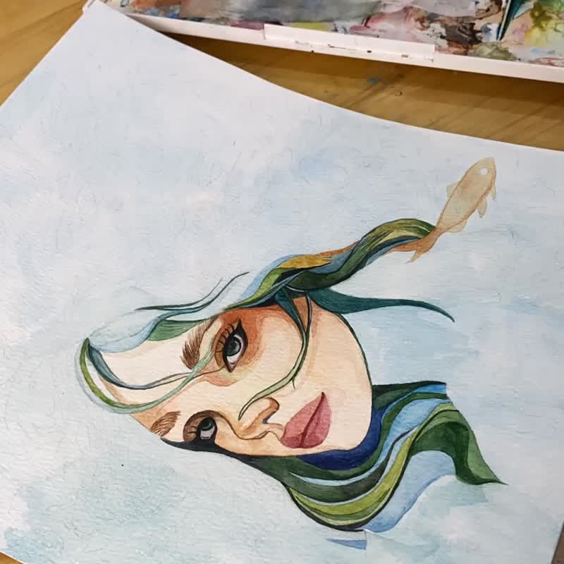原创水彩画-鱼，海底世界，蓝色，自然，女性形象 - 墙贴/壁贴 - 纸 多色