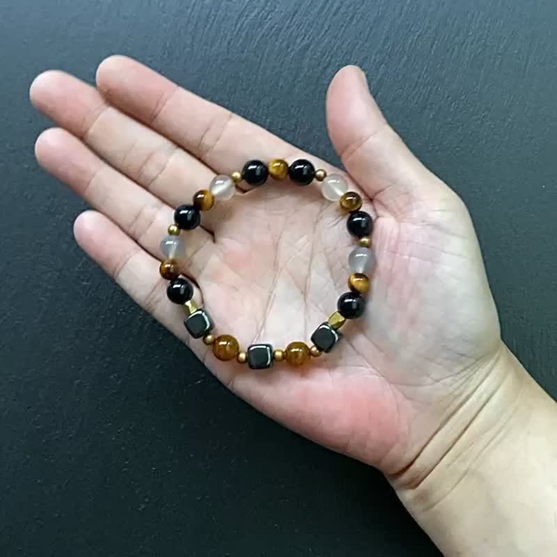 招财避邪-黑胆石x黑曜石x虎眼石x龙麟玛瑙x灰玛瑙黄铜手链 定制化 - 手链/手环 - 水晶 多色