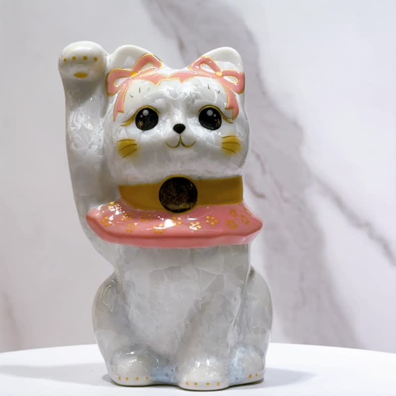 【瑞粉招福】日本清水烧招财猫 | 花结晶粉体花 - 开运招福 - 摆饰 - 瓷 白色