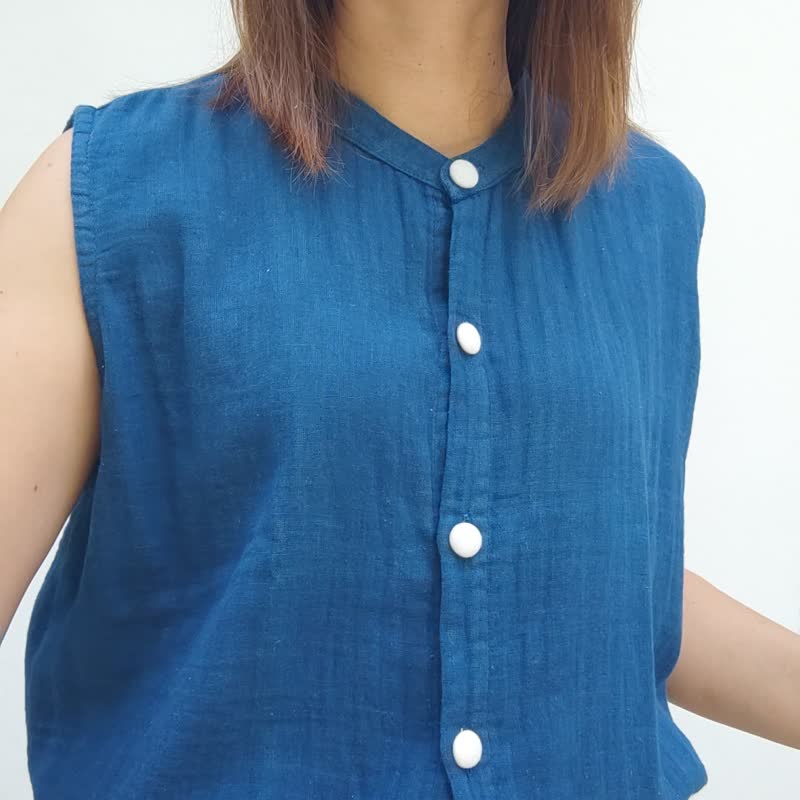 Grace White Blue - 靛蓝色无袖衬衫 - 女装上衣 - 棉 蓝色