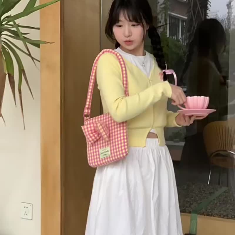 原创格子海绵蓬蓬蝴蝶结肩挎包可爱少女多巴胺薄荷曼波 - 侧背包/斜挎包 - 棉 蓝色