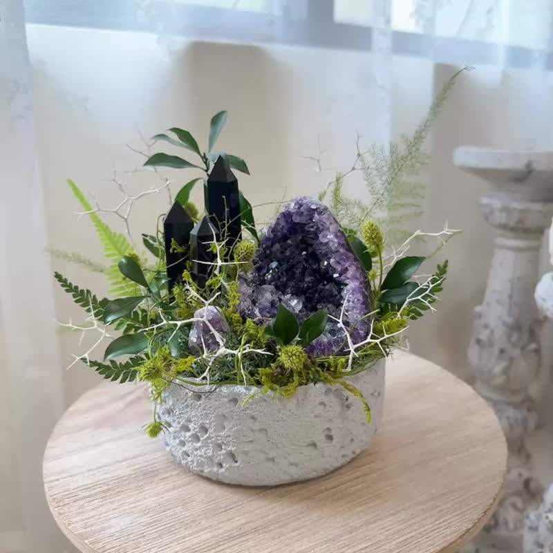 夜森星语。守护花园黑曜石  紫水晶 永生叶材植景 - 植栽/盆栽 - 水晶 紫色