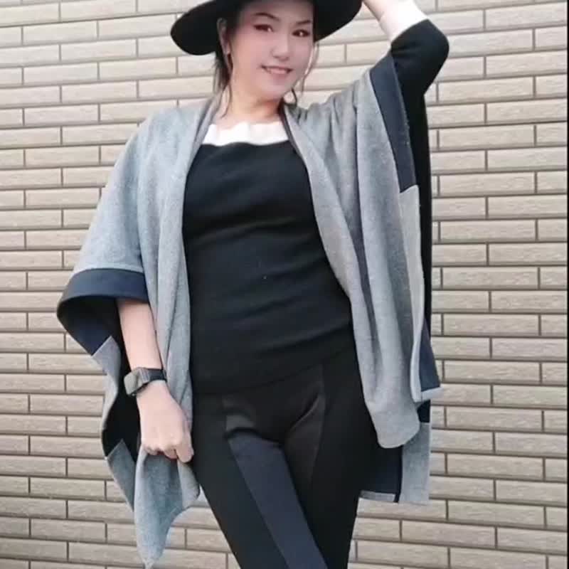 DYM Fashion 灰黑相间 刷毛斗篷 披风 围巾 时尚订制服 订制服 - 围巾/披肩 - 其他人造纤维 