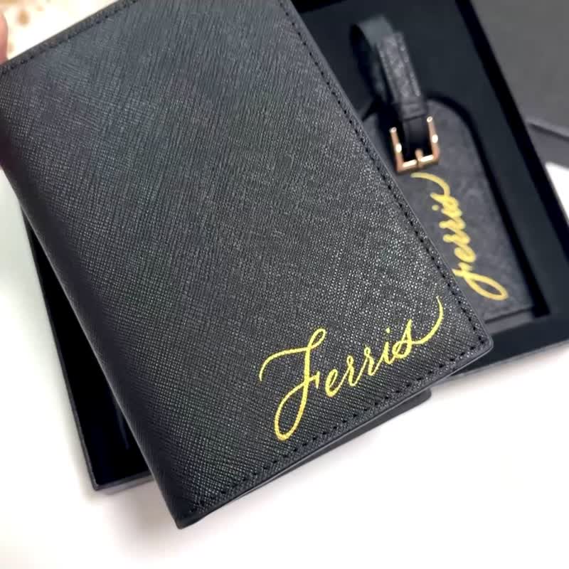 【客制礼物】真皮 护照套 行李牌 套装 烫金名字 定制 企业 生日 - 护照夹/护照套 - 真皮 黑色