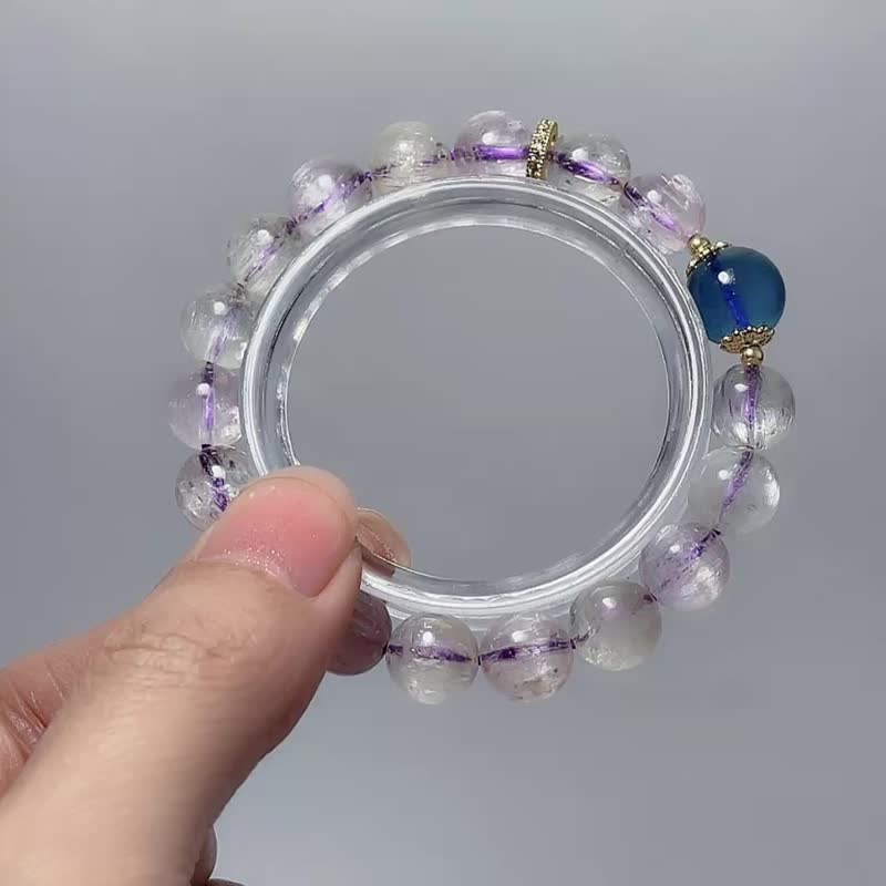 天然矿石 冰种猫眼紫锂辉9.5mm 魔鬼海蓝宝 手链 - 手链/手环 - 宝石 紫色