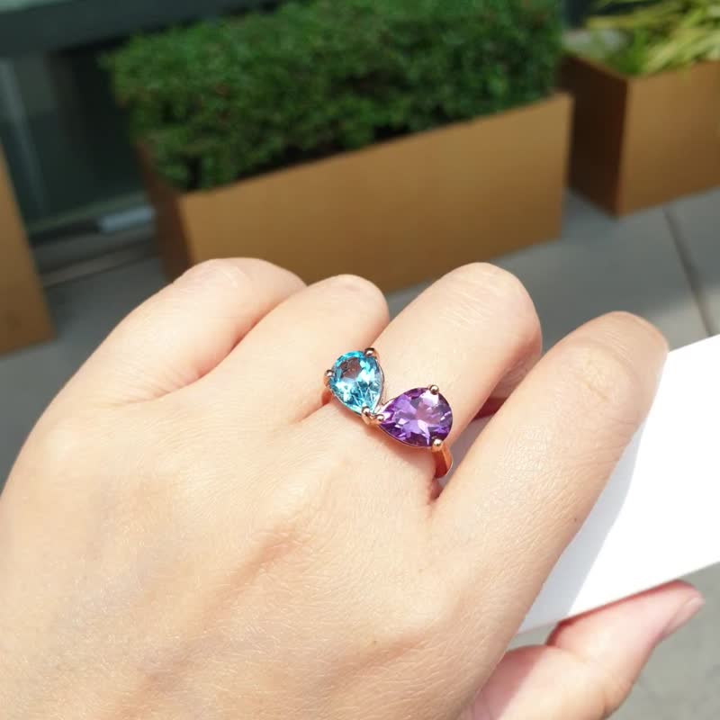 Blue topaz and amethyst ring, 925 rose gold plated Silver . - 戒指 - 宝石 多色