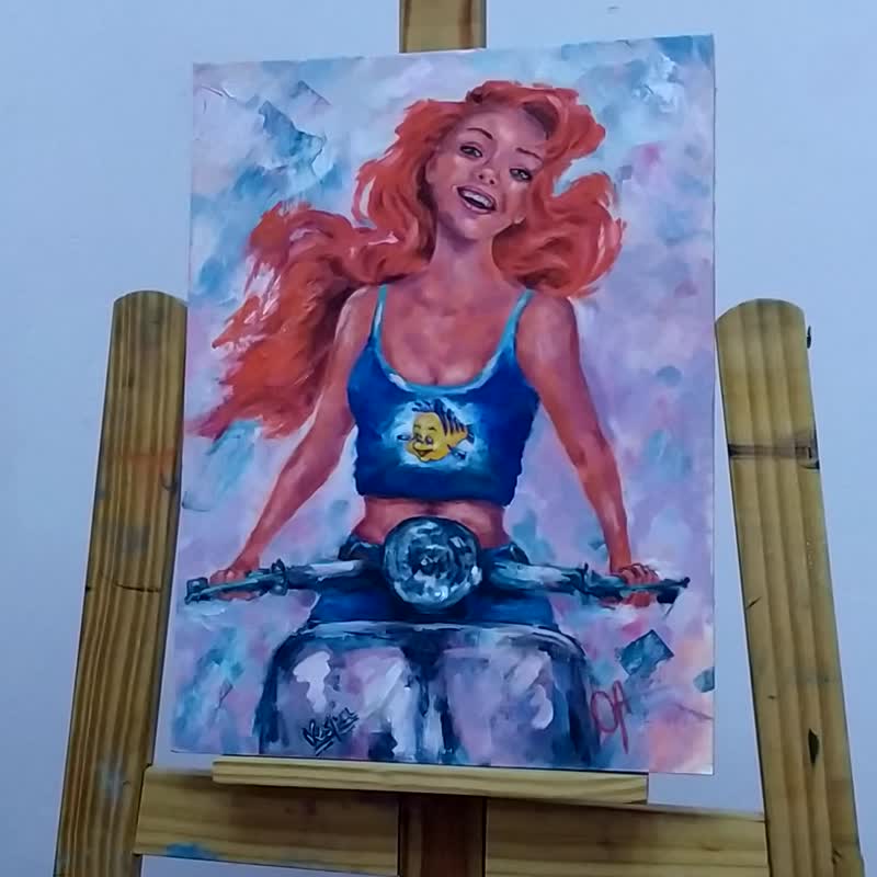 油画。小美人鱼爱丽儿。卡通公主。 - 海报/装饰画/版画 - 纸 红色