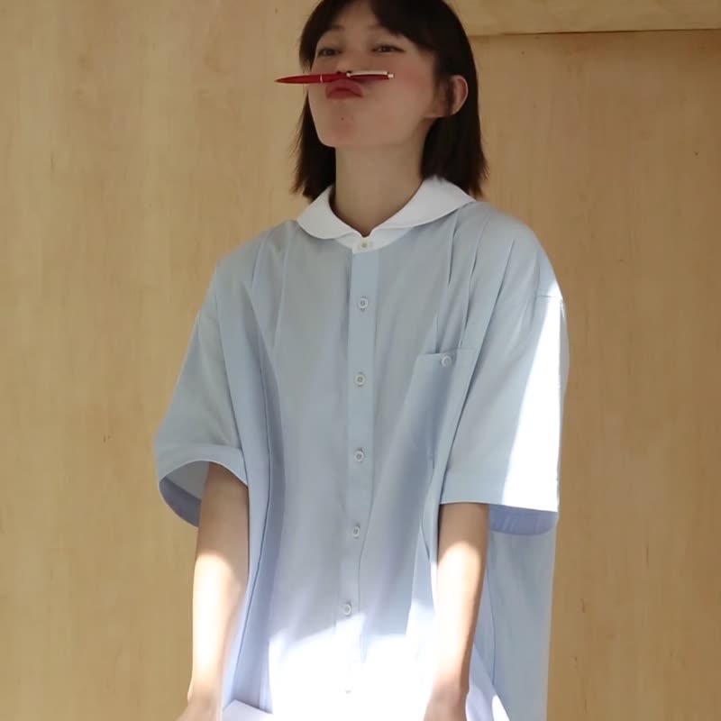 oddmaker设计感压褶中袖春日衬衫女设计小个子短款显瘦衬衣上衣 - 女装衬衫 - 棉．麻 