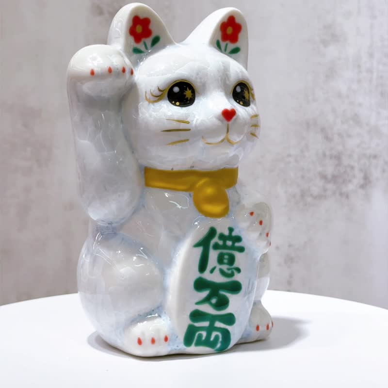 【福聚瓷灵】日本清水烧招财猫 | 花结晶 白 亿万両 右 - 摆饰 - 瓷 白色