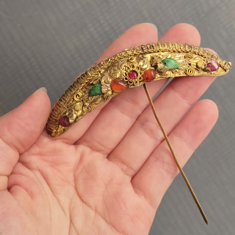 老鎏金花卉发簪– 古董发饰 - 纯古董 SA-025 - 其他 - 银 金色