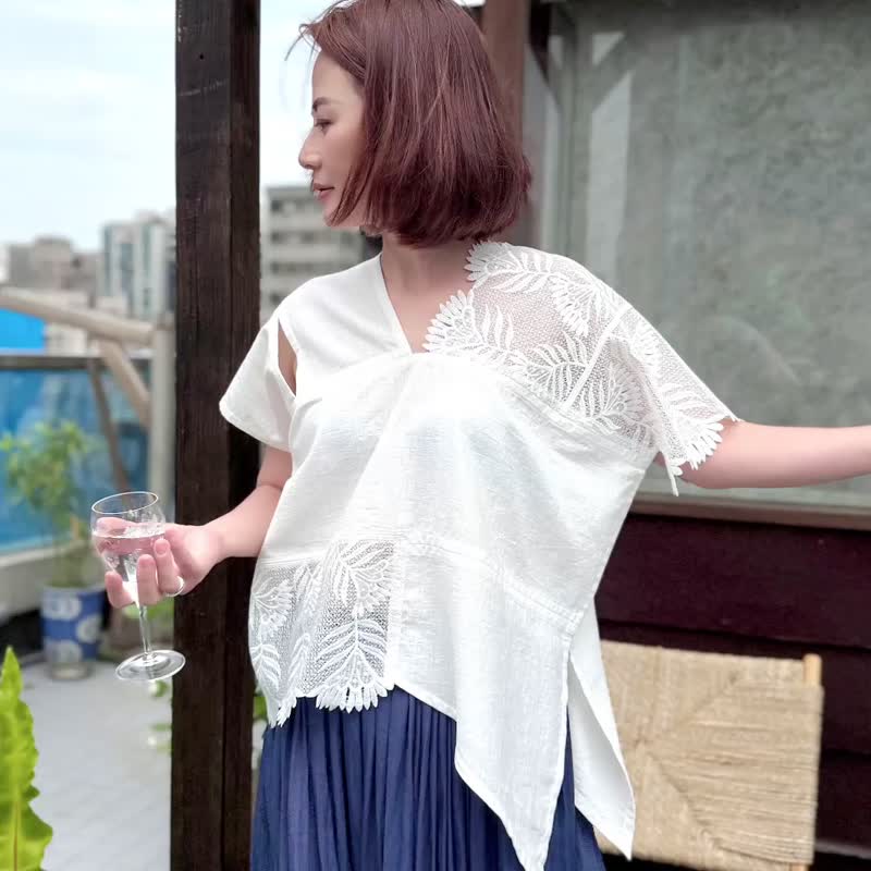 独一无二白色纯棉浪漫花朵蕾丝不对称侧打结四角衣四方衣 - 女装衬衫 - 棉．麻 白色