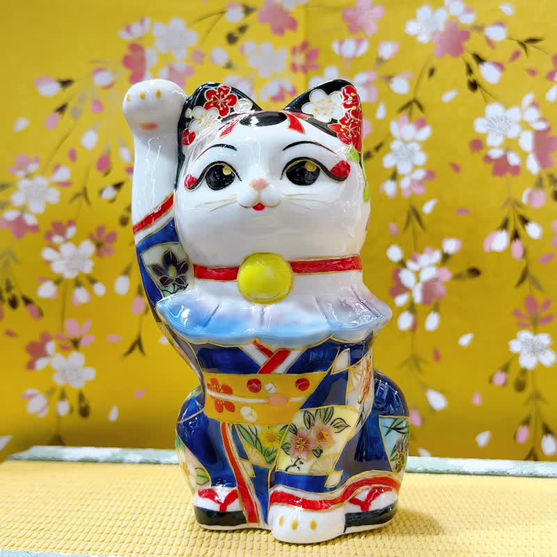 【艺富双辉】日本清水烧招财猫 | 色绘 - 舞妓富士 - 摆饰 - 瓷 白色