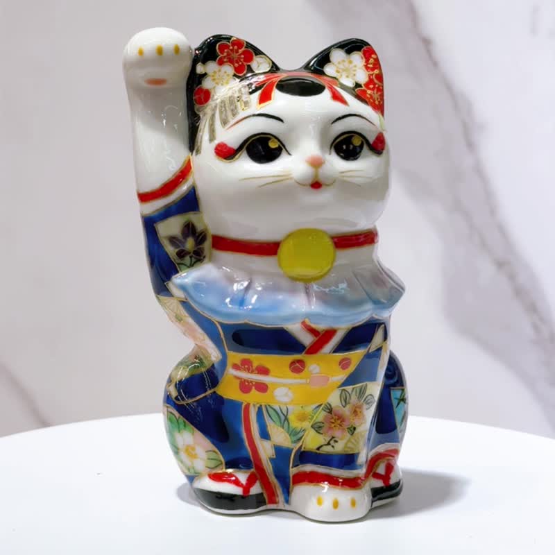 【艺富双辉】日本清水烧招财猫 | 色绘 - 舞妓富士 - 摆饰 - 瓷 白色