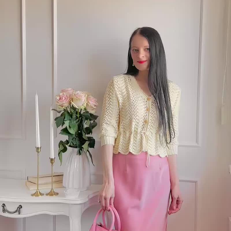 蕾丝针织毛衣上衣 V 领开襟衫 手工针织女款毛衣 - 女装针织衫/毛衣 - 棉．麻 