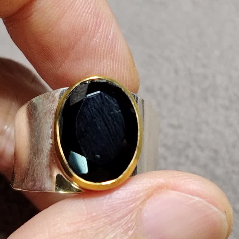 天然 黑玛瑙 925纯银 戒指 尼泊尔 手工制 - 戒指 - 玉石 黑色