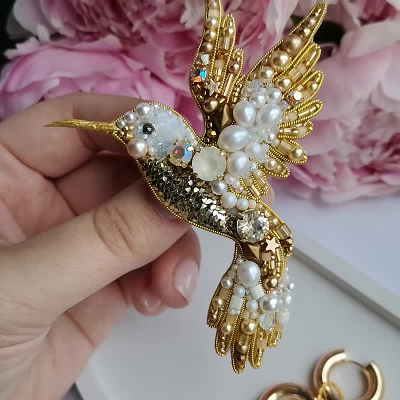 蜂鳥 別針,  hummingbird jewelry brooch beaded - 胸针 - 珍珠 金色