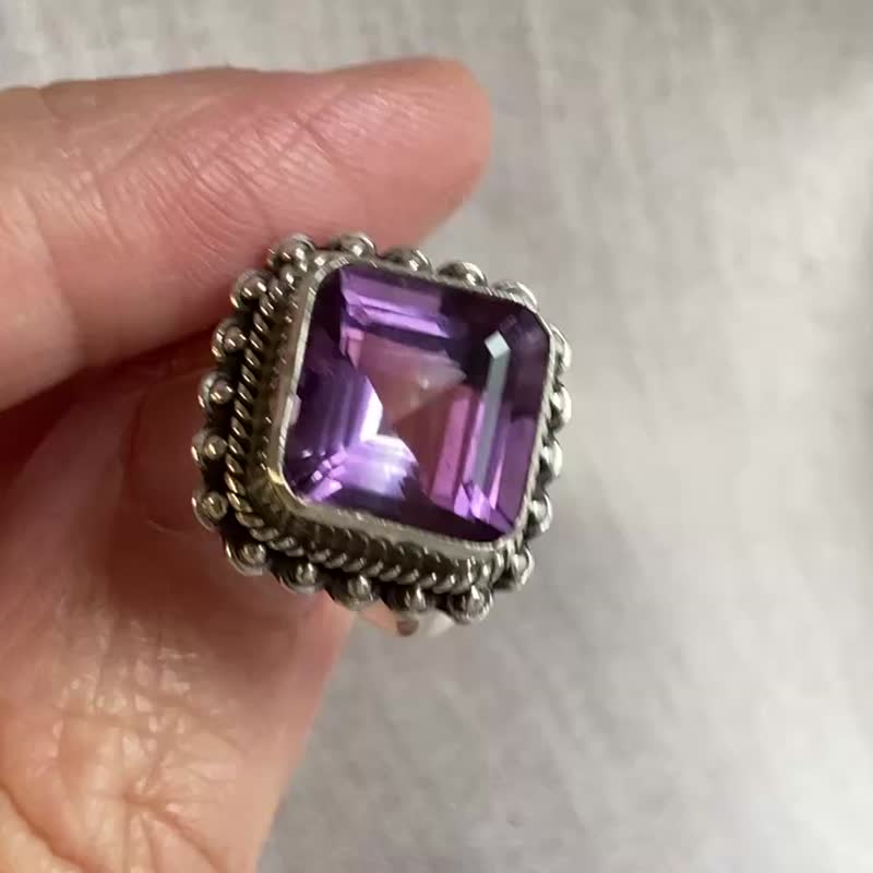 天然 切面紫水晶 戒指 尼泊尔 手工制 925纯银 - 戒指 - 水晶 紫色