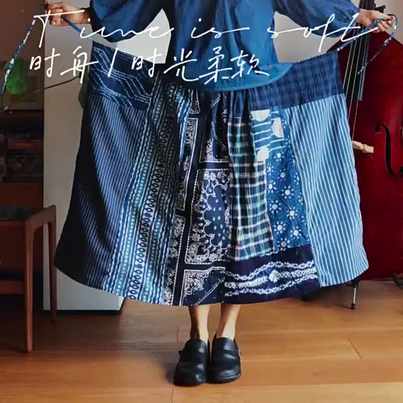 N種變化的系繩長裙 限量半身裙 藍染棉麻面料手工拼布 - 裙子 - 棉．麻 蓝色