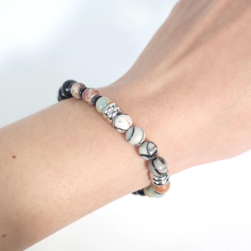 天工巧作(毕卡索黑网络/天然寿山石/乌金黑曜石)(17cm) - 手链/手环 - 石头 灰色