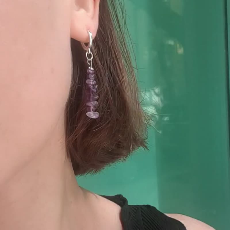 紫水晶耳环，925 纯银，水瓶座礼物，双鱼座水晶，波希米亚风格饰品 - 耳环/耳夹 - 水晶 紫色