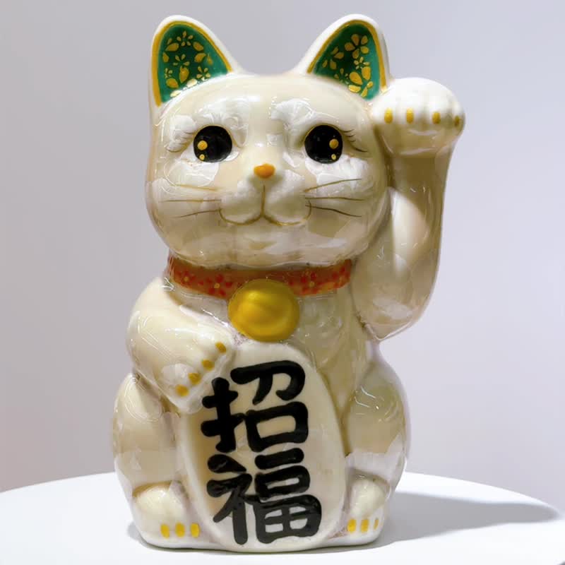 【福杏绽华】日本清水烧招财猫 | 花结晶 杏 - 亿万両 左 中号 - 摆饰 - 瓷 卡其色