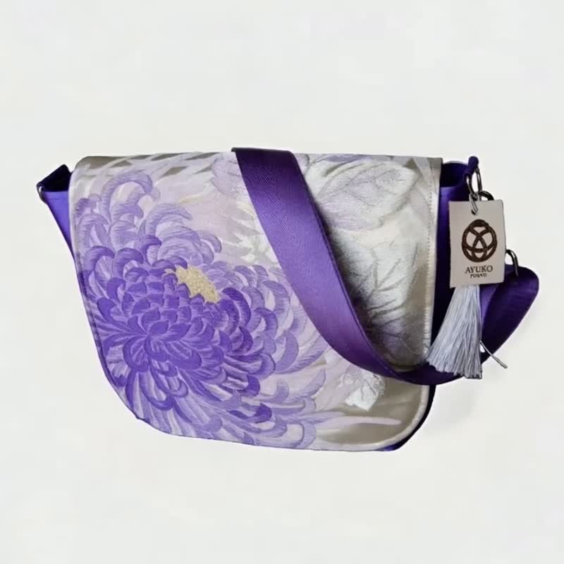 真丝和服腰带肩背斜背包 紫色乱菊 银色花卉 日本手工制作 - 侧背包/斜挎包 - 丝．绢 紫色