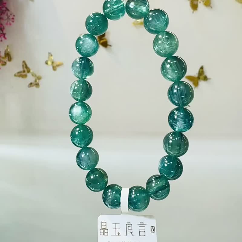 收藏级猫眼透感蓝绿晶石手珠9.8-10mm39.55g清净心灵洞察能力舒压 - 手链/手环 - 水晶 绿色